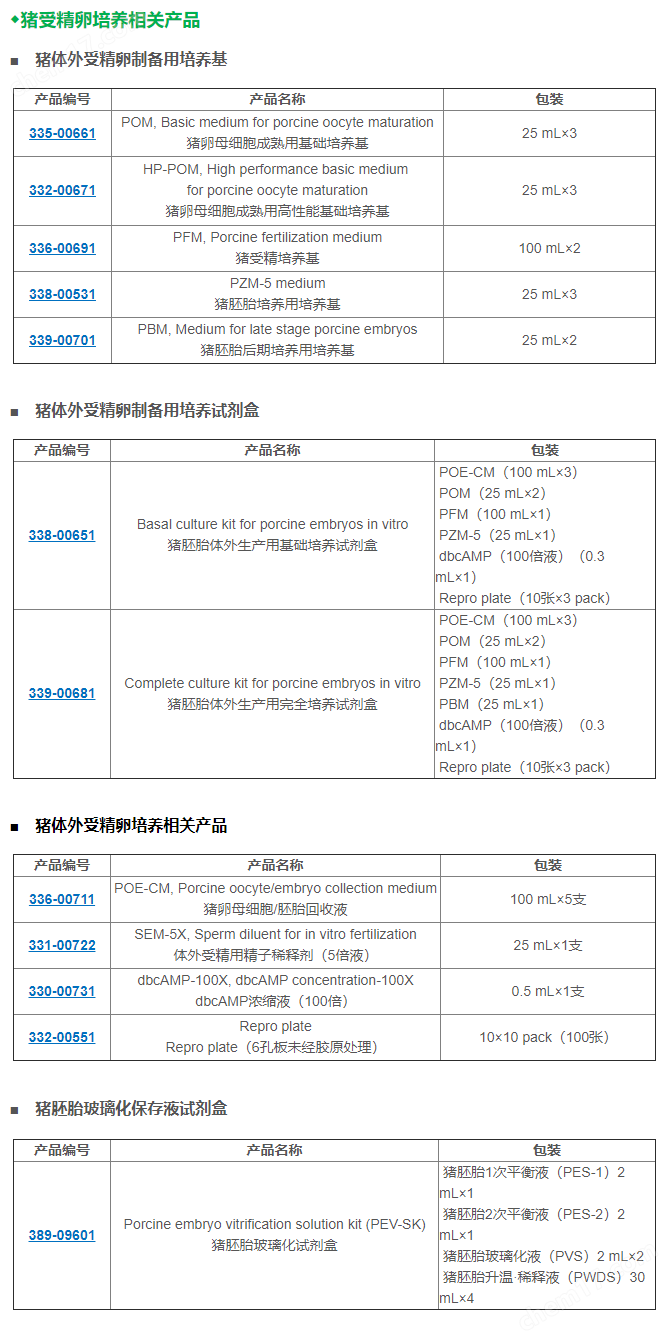 猪体外受精卵（胚胎）制备 培养基系列细胞培养-Wako富士胶片和光